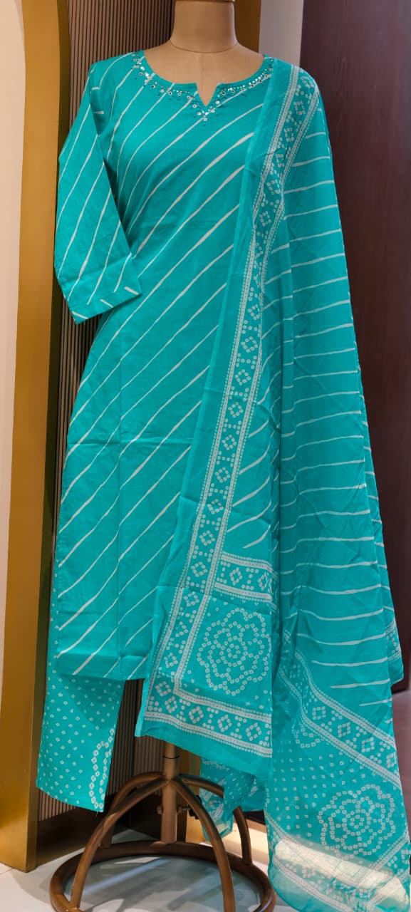 Traditional Leheriya Pattern Embellished V-Neck Ethnic Cotton Full Suit Set With Dupatta- 15561, 15560