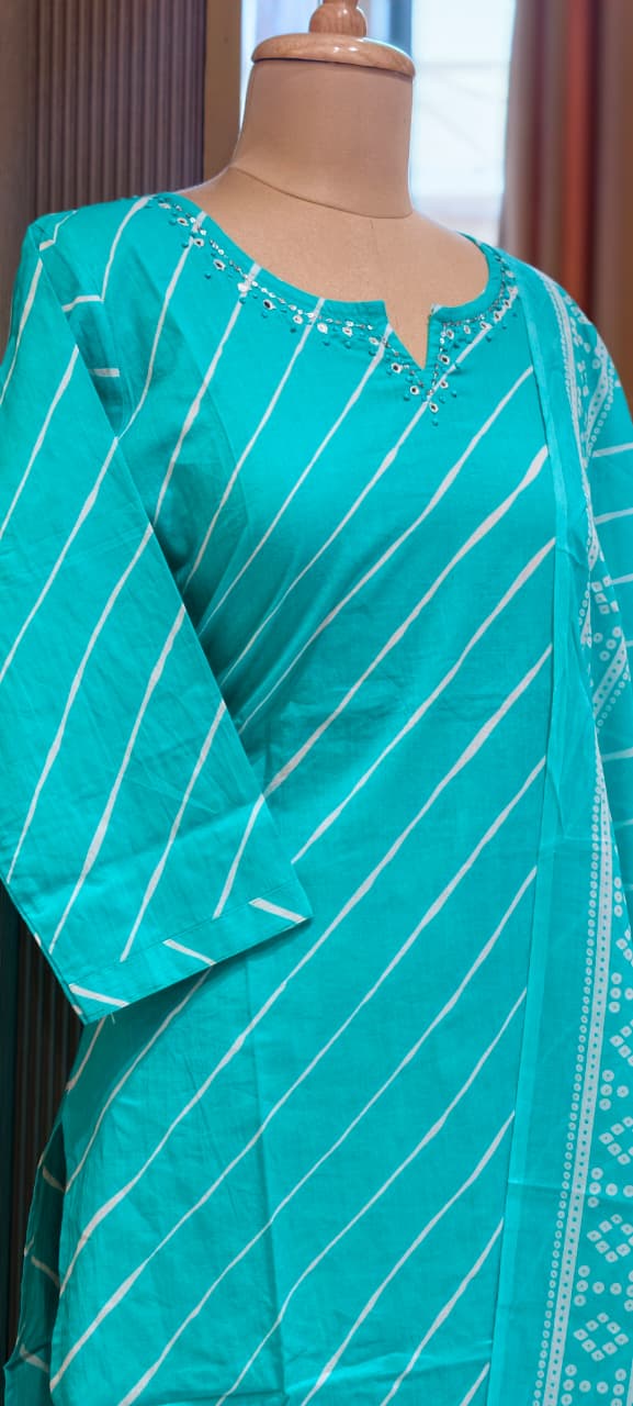 Traditional Leheriya Pattern Embellished V-Neck Ethnic Cotton Full Suit Set With Dupatta- 15561, 15560