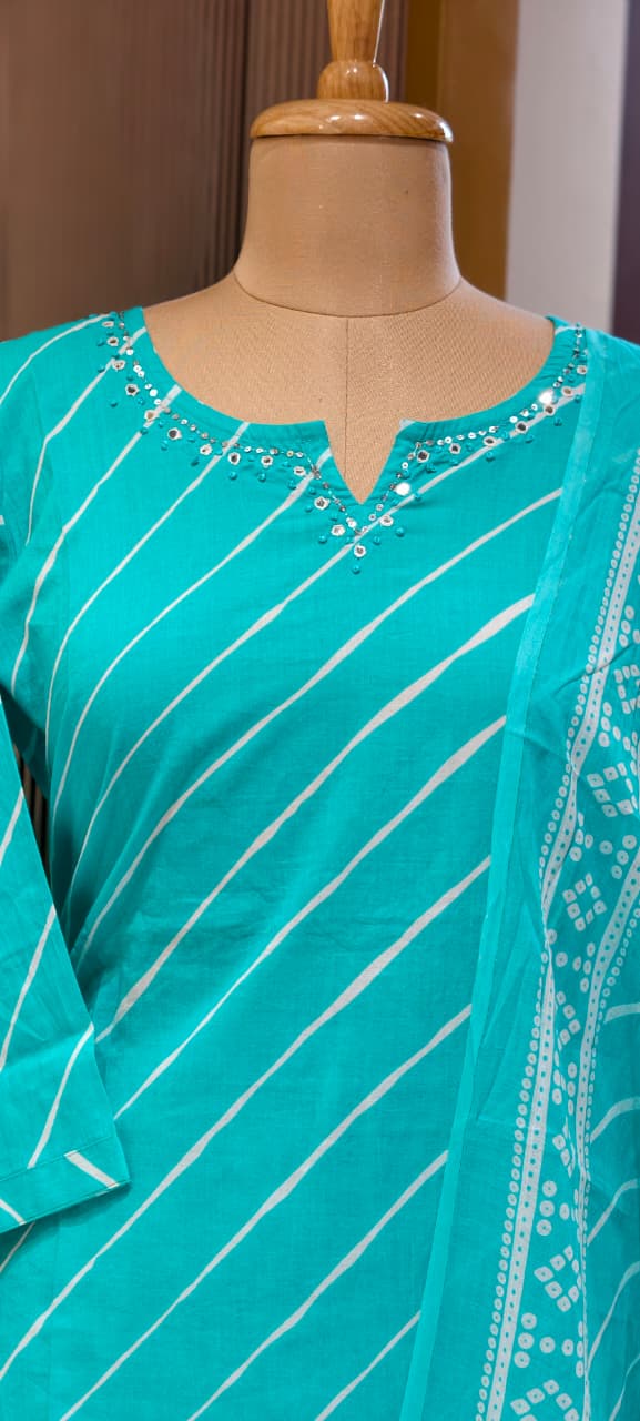 Traditional Leheriya Pattern Embellished V-Neck Ethnic Cotton Full Suit Set With Dupatta- 15561, 15560