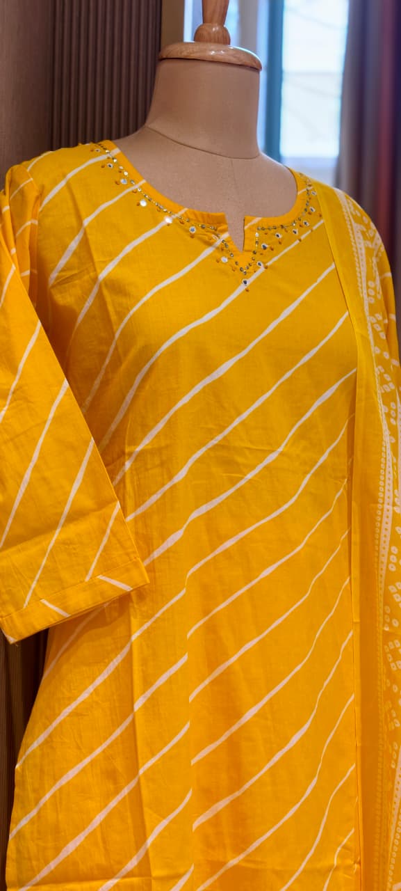 Traditional Leheriya Pattern Embellished V-Neck Ethnic Cotton Full Suit Set With Dupatta- 15561, 15560