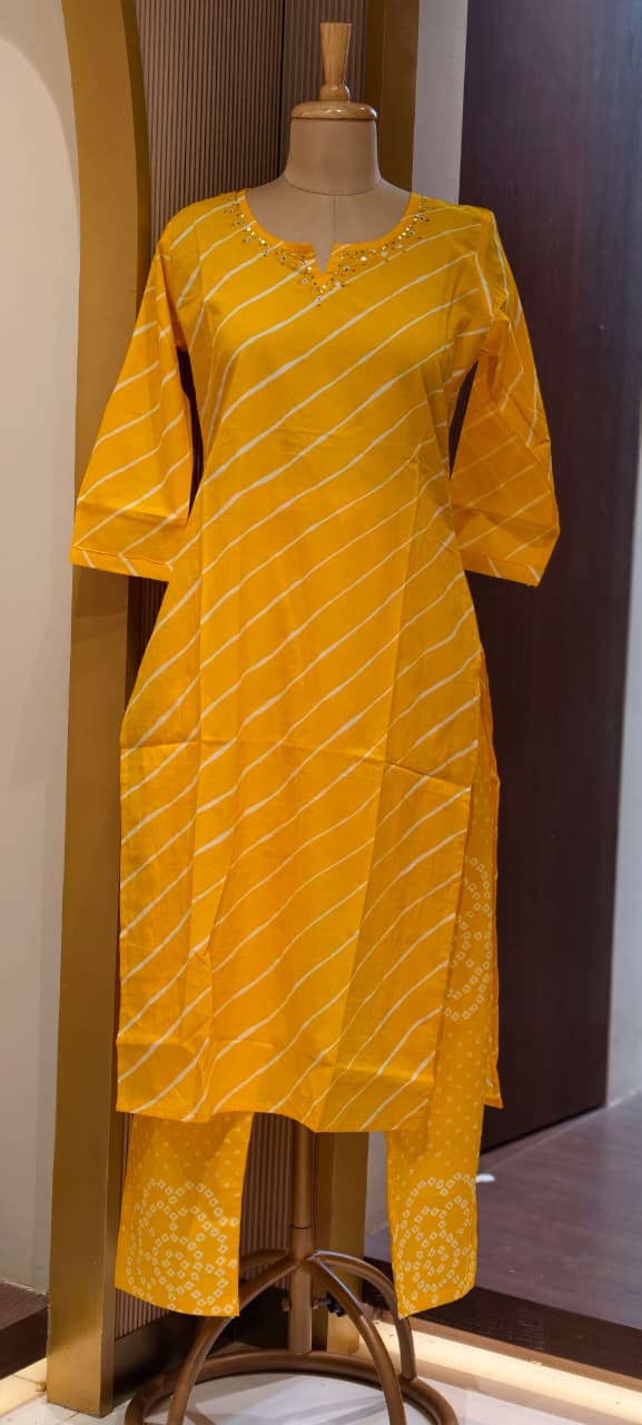 Traditional Leheriya Pattern Embellished V-Neck Ethnic Cotton Full Suit Set With Dupatta- 15561, 15560