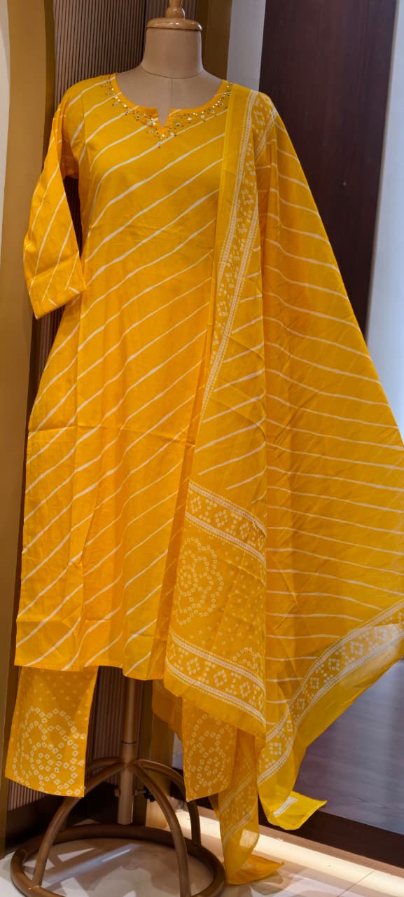 Traditional Leheriya Pattern Embellished V-Neck Ethnic Cotton Full Suit Set With Dupatta- 15561, 15560
