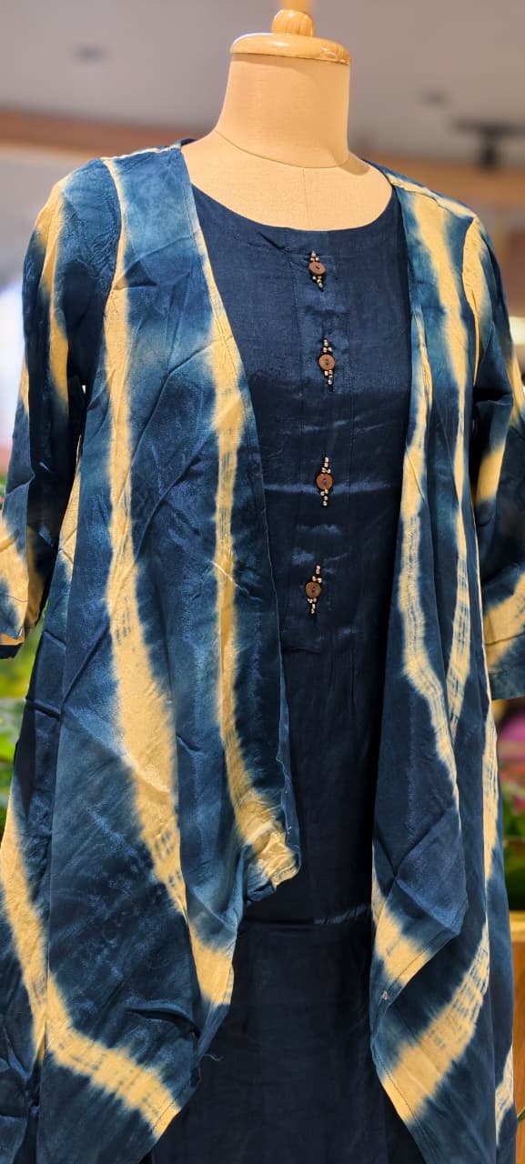 Slub Cotton Lehriya Shrug Below Knee Length Indowestern Frock-15582
