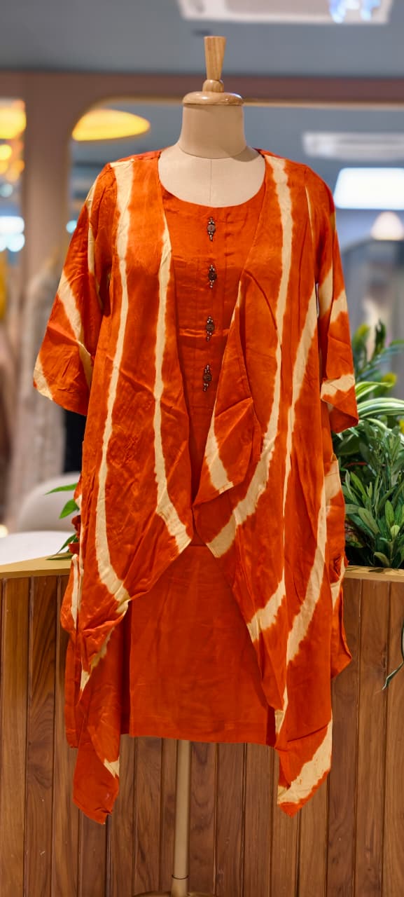 Slub Cotton Lehriya Shrug Below Knee Length Indowestern Frock-15582