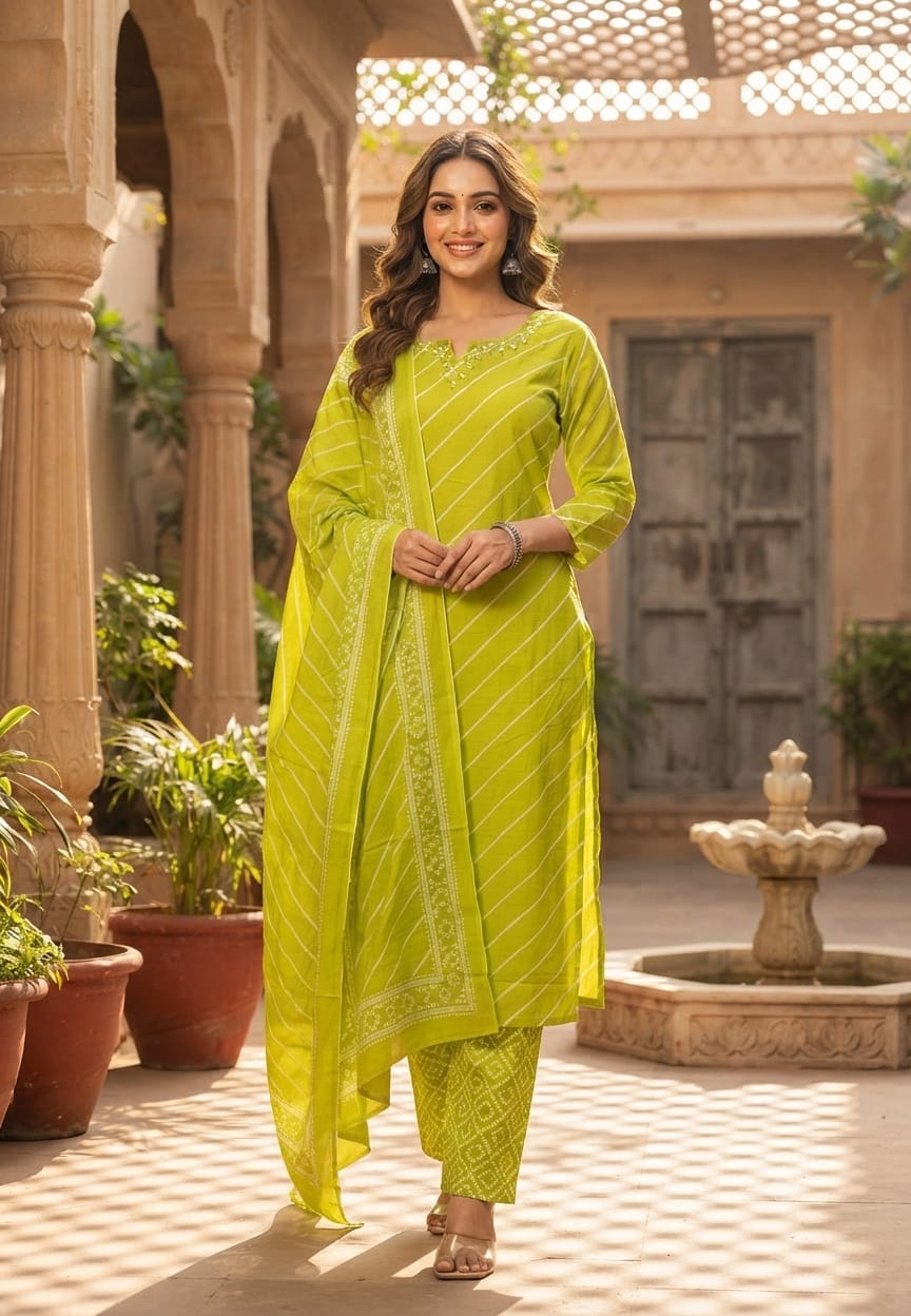 Traditional Leheriya Pattern Embellished V-Neck Ethnic Cotton Full Suit Set With Dupatta- 15561, 15560