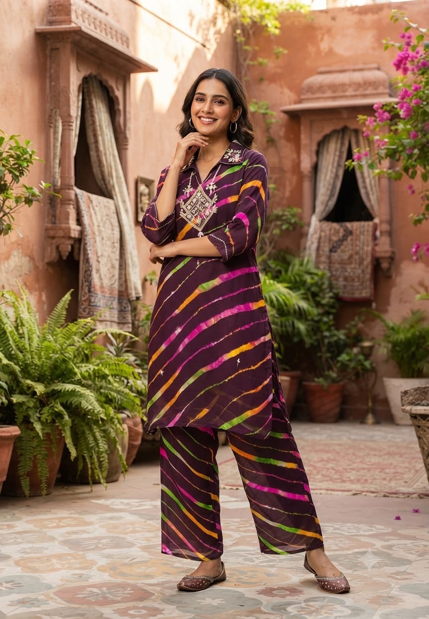 Gotta Elegance Higlighted Bold Lehriya Prints Georgette Co-Ord Set- 15673