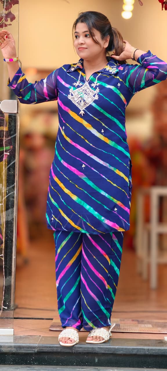 Gotta Elegance Higlighted Bold Lehriya Prints Georgette Co-Ord Set- 15673