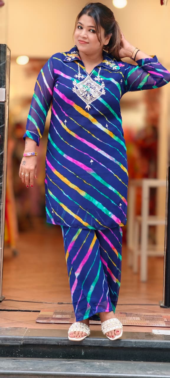 Gotta Elegance Higlighted Bold Lehriya Prints Georgette Co-Ord Set- 15673