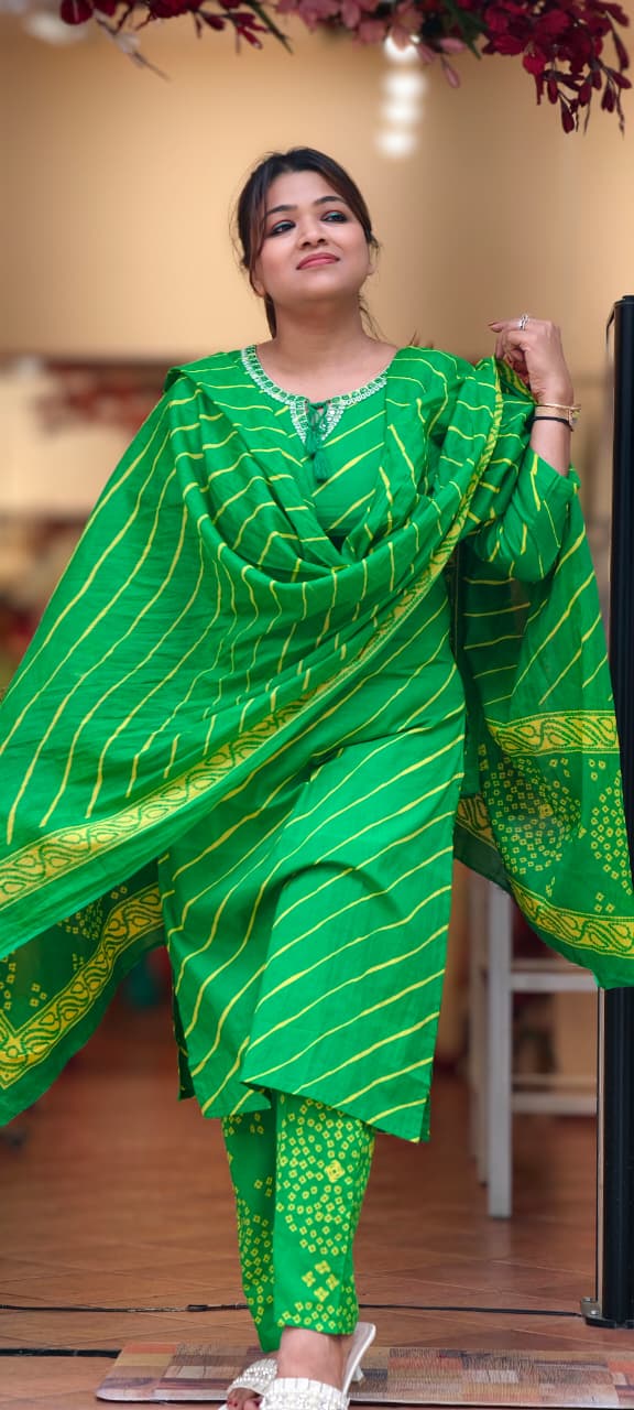 Traditional Leheriya Pattern Embellished V-Neck Ethnic Cotton Full Suit Set With Dupatta- 15561, 15560