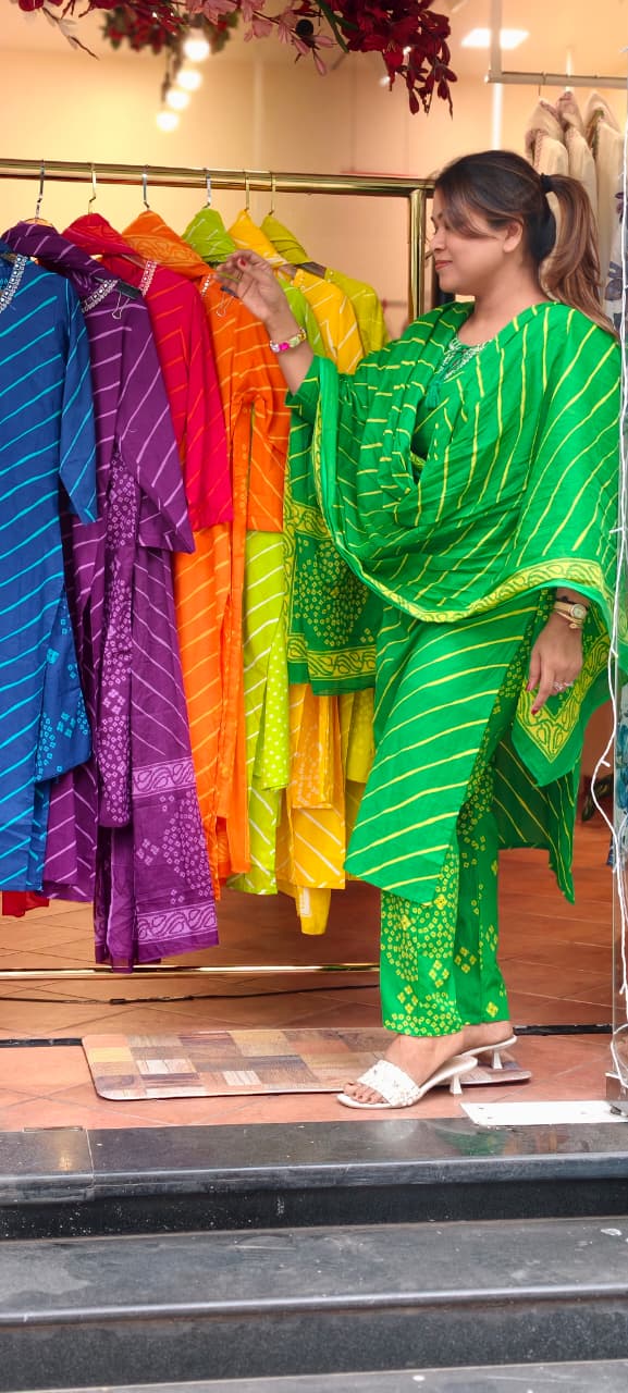 Traditional Leheriya Pattern Embellished V-Neck Ethnic Cotton Full Suit Set With Dupatta- 15561, 15560