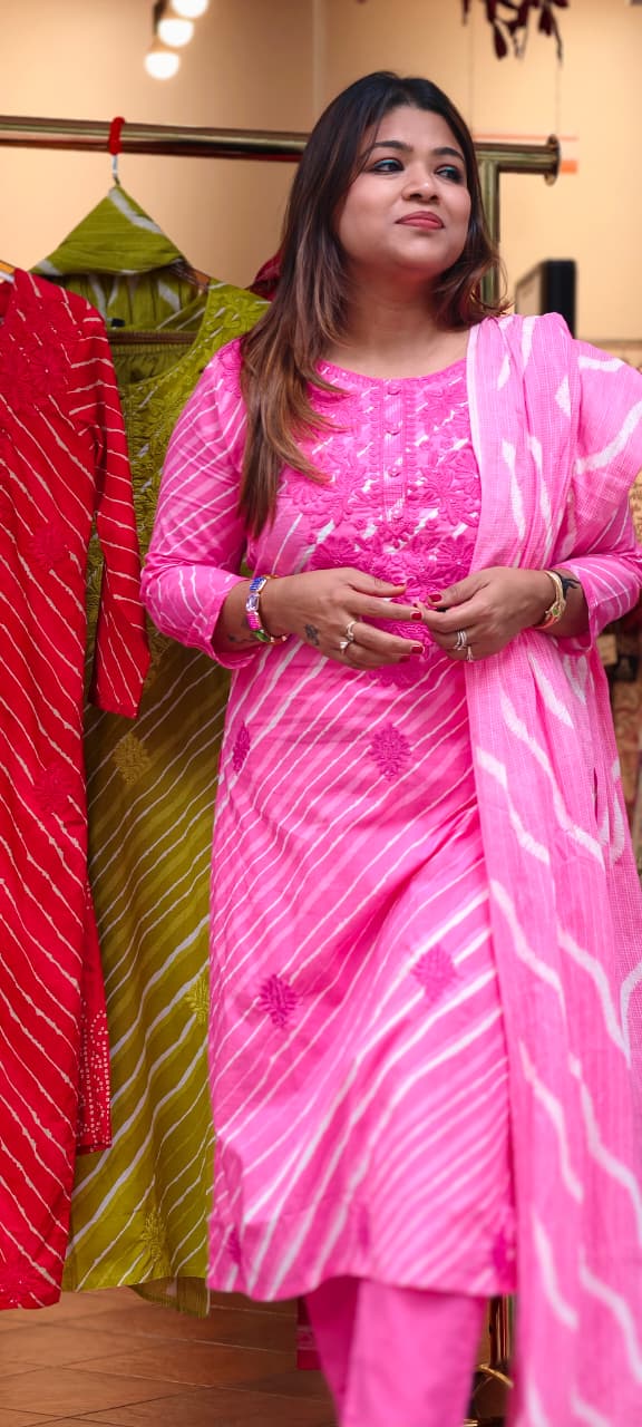 Neon Shades Floral Thread Embroidery Lehriya Cotton Full Suit Set With Dupatta- 15663, 15653