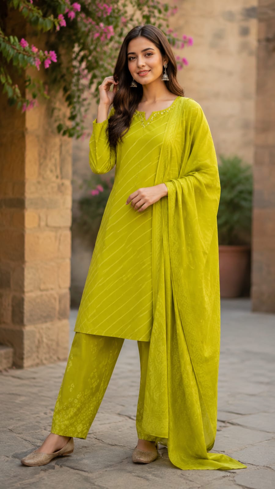 Traditional Leheriya Pattern Embellished V-Neck Ethnic Cotton Full Suit Set With Dupatta- 15561, 15560