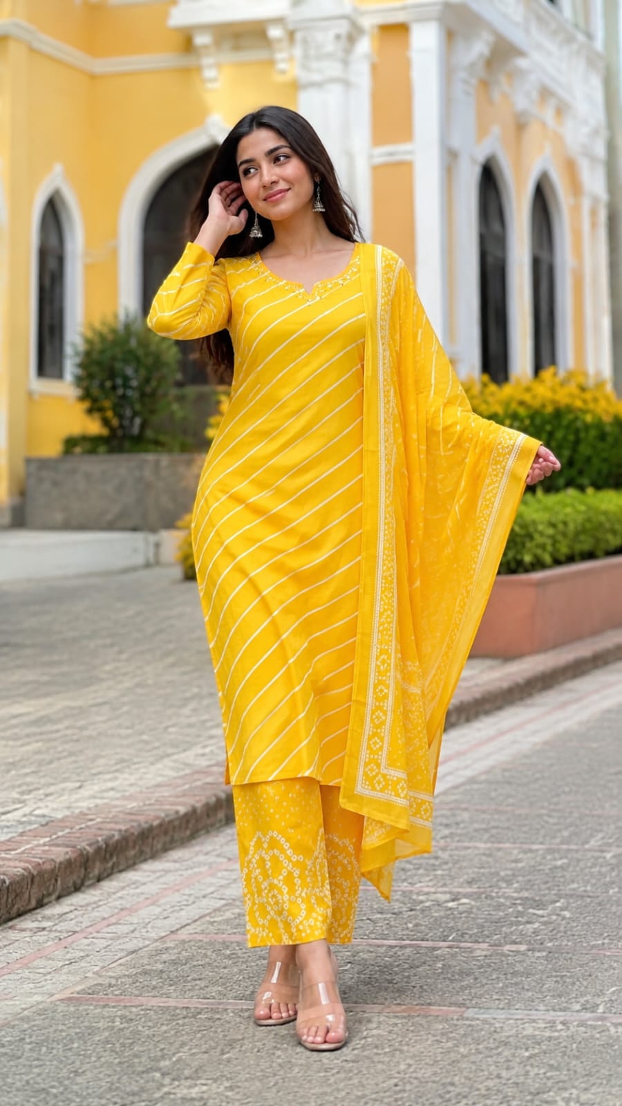 Traditional Leheriya Pattern Embellished V-Neck Ethnic Cotton Full Suit Set With Dupatta- 15561, 15560