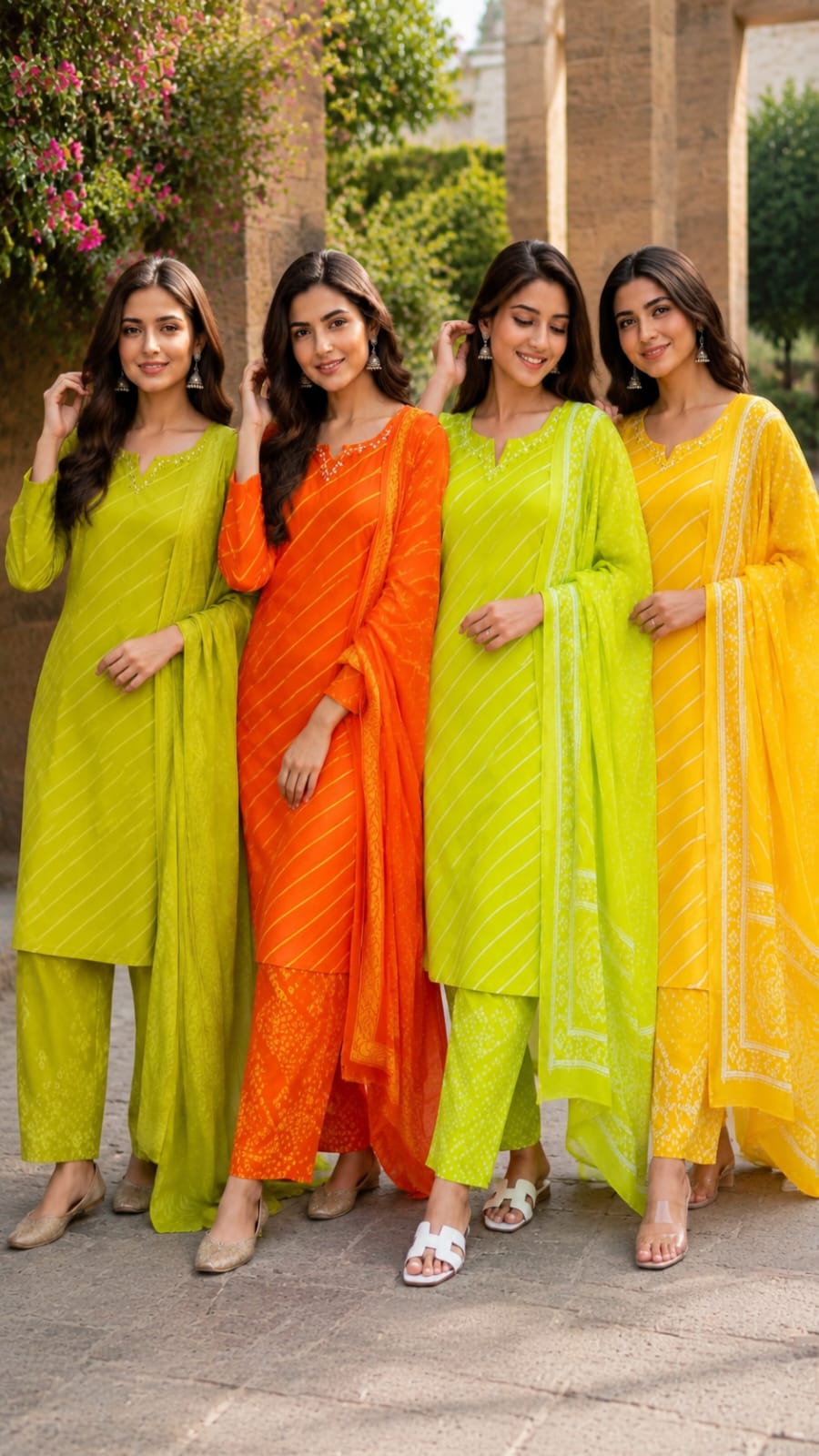 Traditional Leheriya Pattern Embellished V-Neck Ethnic Cotton Full Suit Set With Dupatta- 15561, 15560