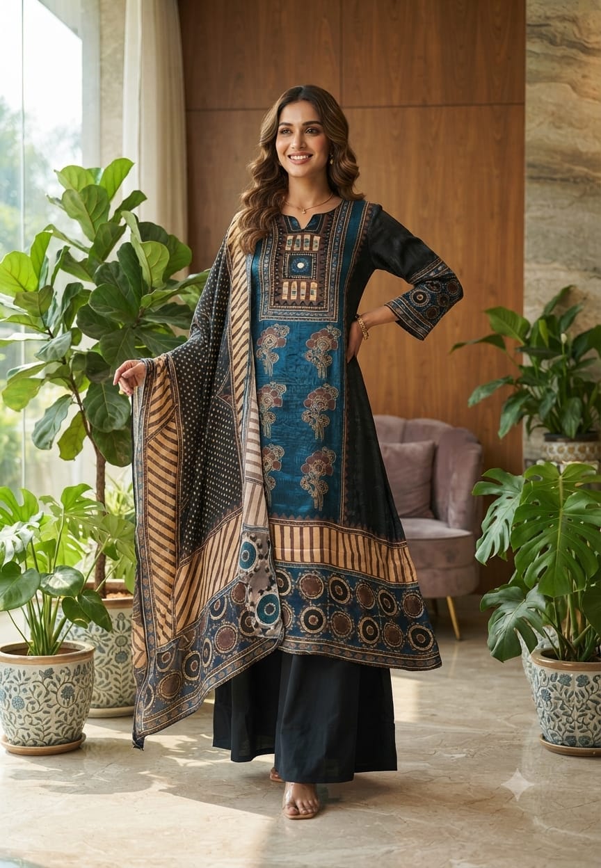 Butter Shine Crepe Fabric Abstract Ajrakh Print A-Line Full Suit Set With Dupatta- 15624