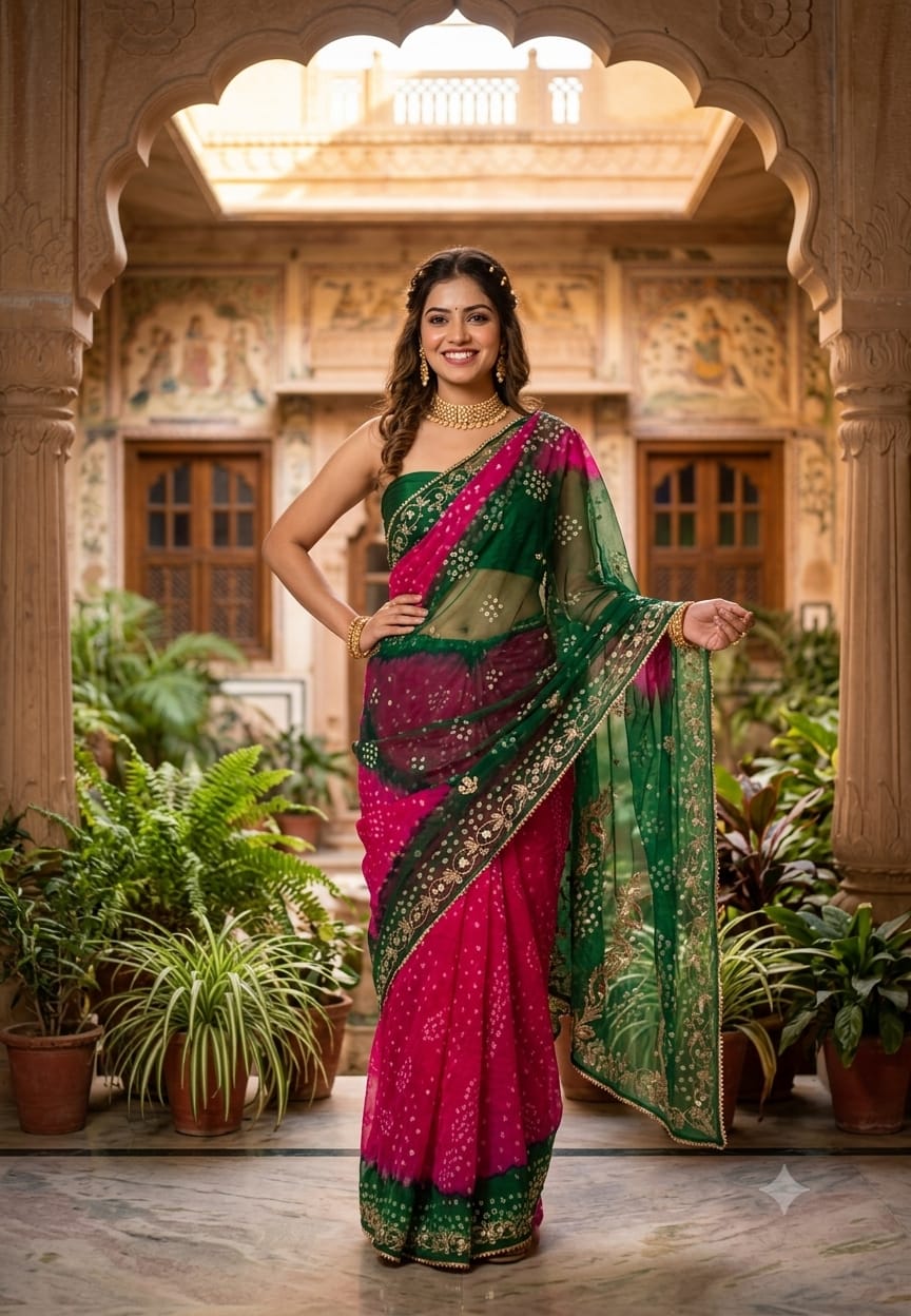 Festive Elegance Bandhani With Gotta Work Premium Saree With Unstitched Blouse- 15658