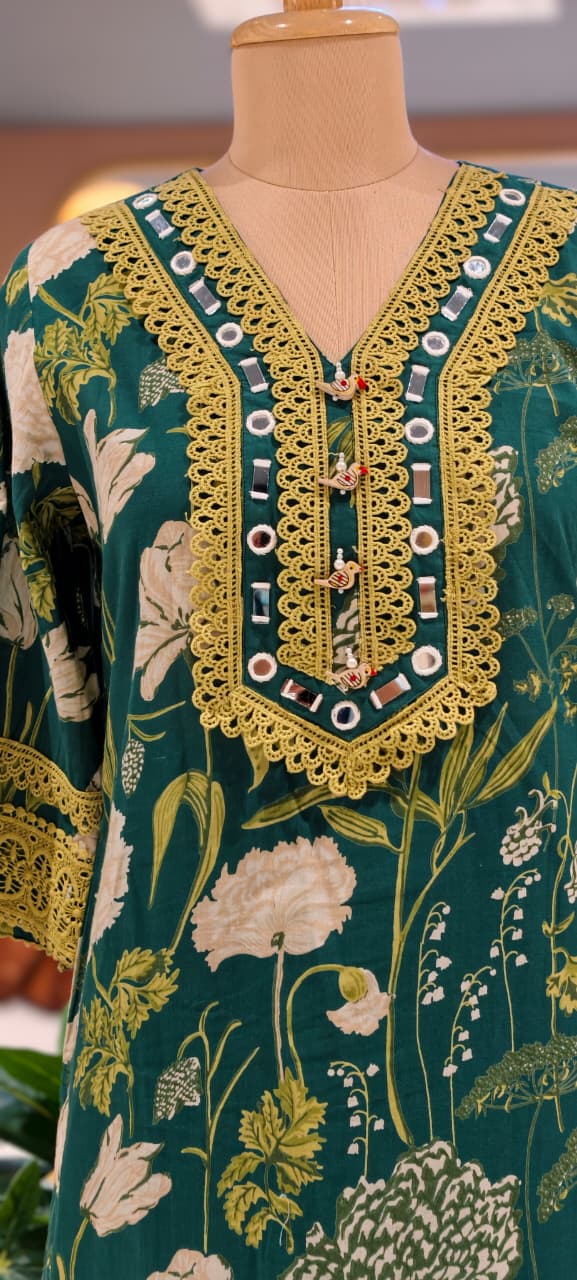 Premium Floral Printed Cotton Full Suit Set Wuth Dupatta With Crosia Elegance- 15682