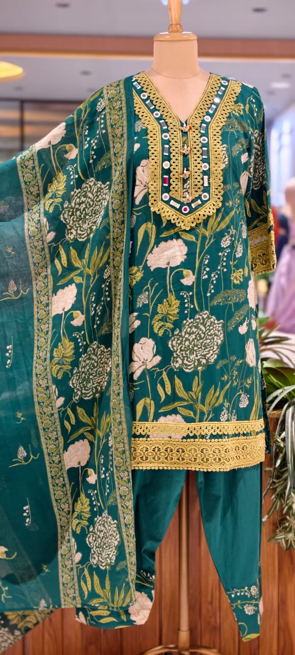 Premium Floral Printed Cotton Full Suit Set Wuth Dupatta With Crosia Elegance- 15682