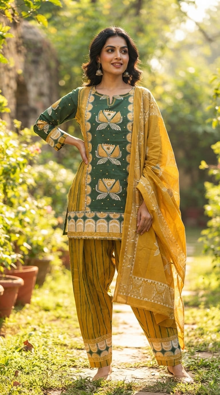 Heritage Floral Lotus Designer Cotton Kurti Pant with Dupatta Premium Suit Set –15680
