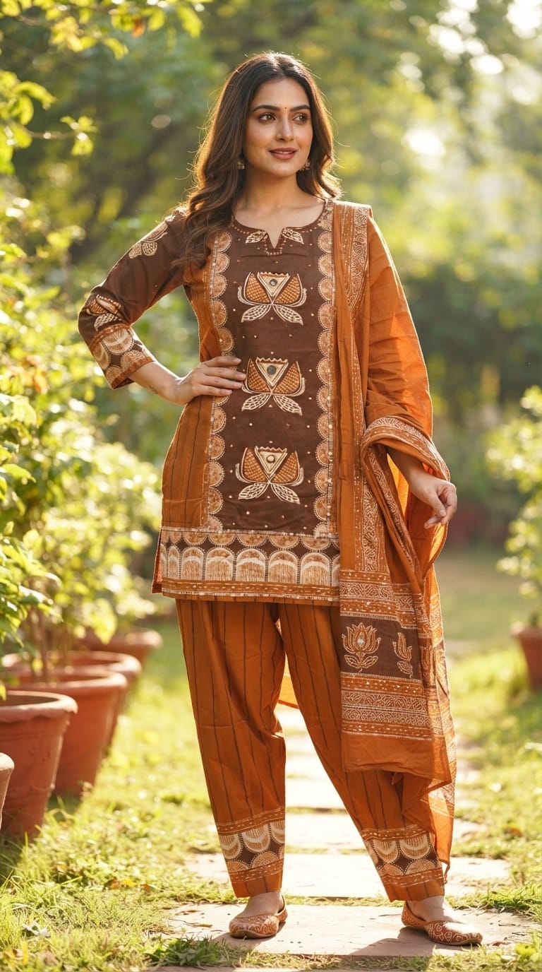 Heritage Floral Lotus Designer Cotton Kurti Pant with Dupatta Premium Suit Set –15680