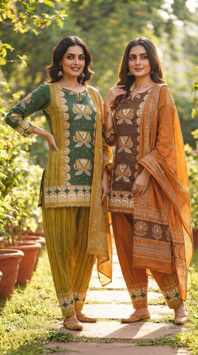 Heritage Floral Lotus Designer Cotton Kurti Pant with Dupatta Premium Suit Set –15680