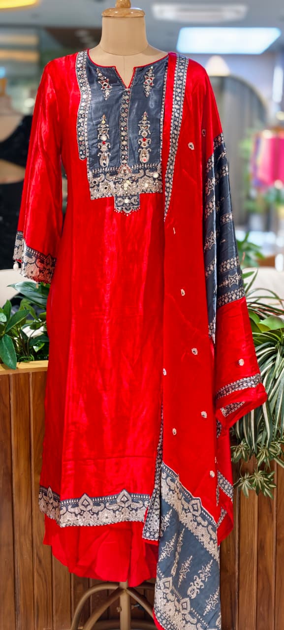 Kodi Accent Mirror Work Intricate Embroidery Printed Full Suit Set With Dupatta- 15678