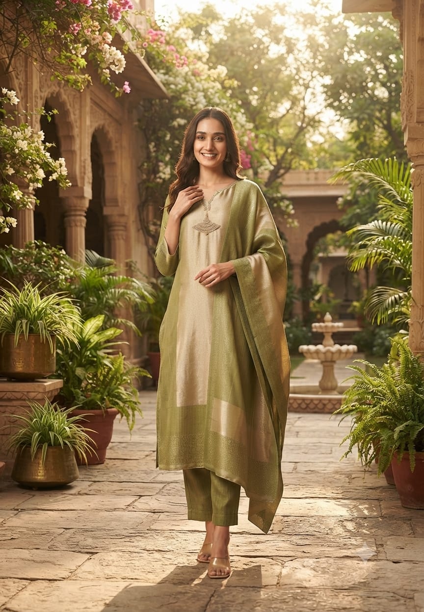 Premium Zebra Tissue Kundan Look Front Work Pastel Tone Full Suit Set With Dupatta- 15702