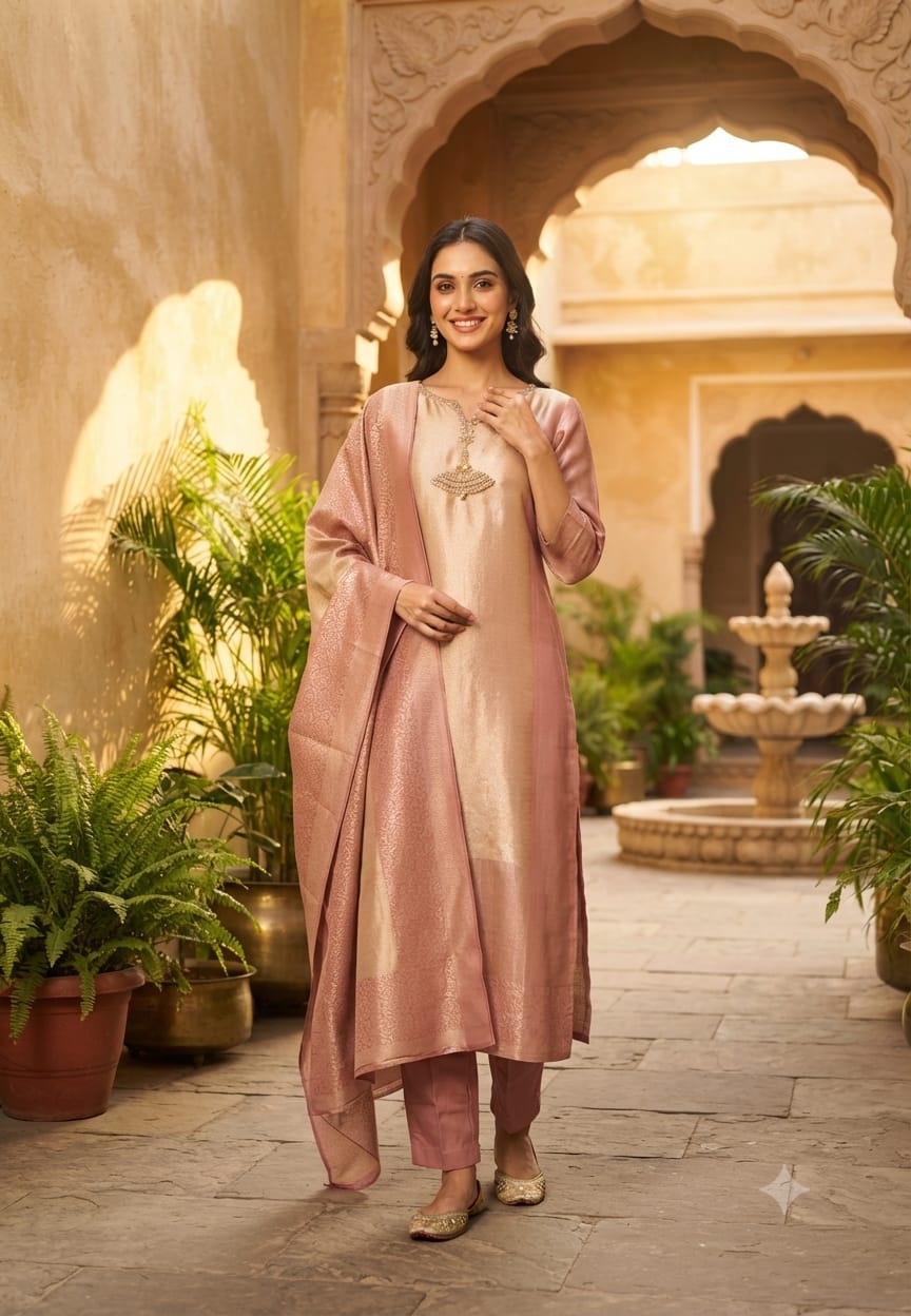 Premium Zebra Tissue Kundan Look Front Work Pastel Tone Full Suit Set With Dupatta- 15702