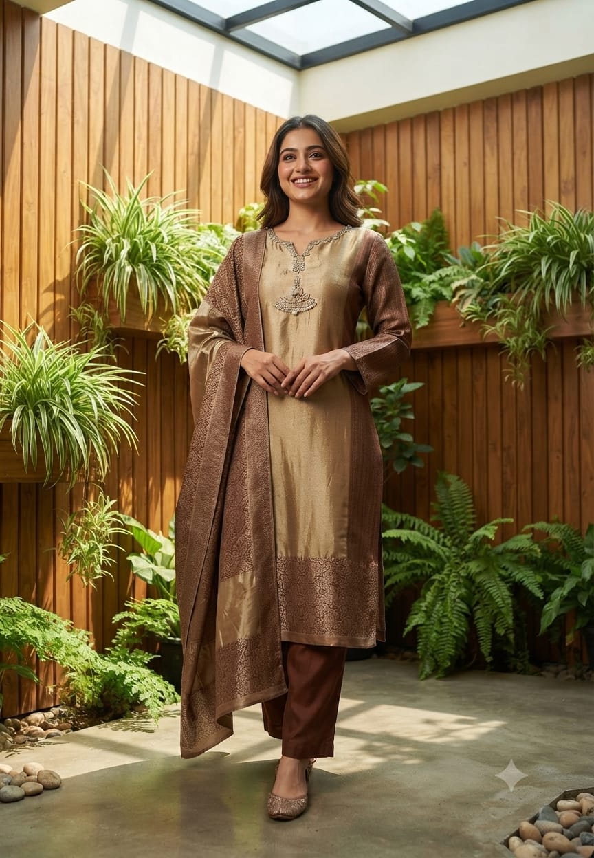 Premium Zebra Tissue Kundan Look Front Work Pastel Tone Full Suit Set With Dupatta- 15702