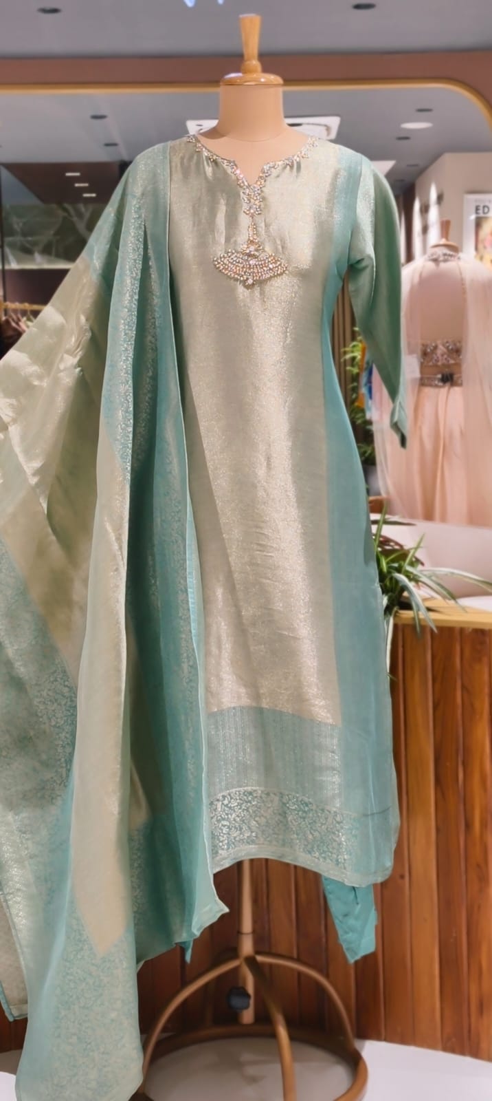 Premium Zebra Tissue Kundan Look Front Work Pastel Tone Full Suit Set With Dupatta- 15702