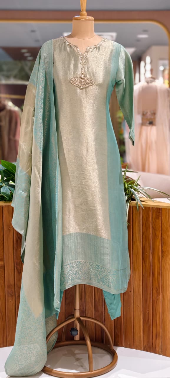 Premium Zebra Tissue Kundan Look Front Work Pastel Tone Full Suit Set With Dupatta- 15702