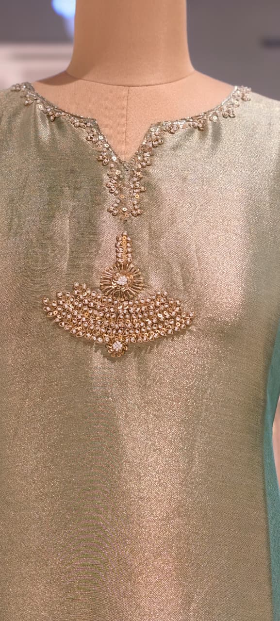 Premium Zebra Tissue Kundan Look Front Work Pastel Tone Full Suit Set With Dupatta- 15702