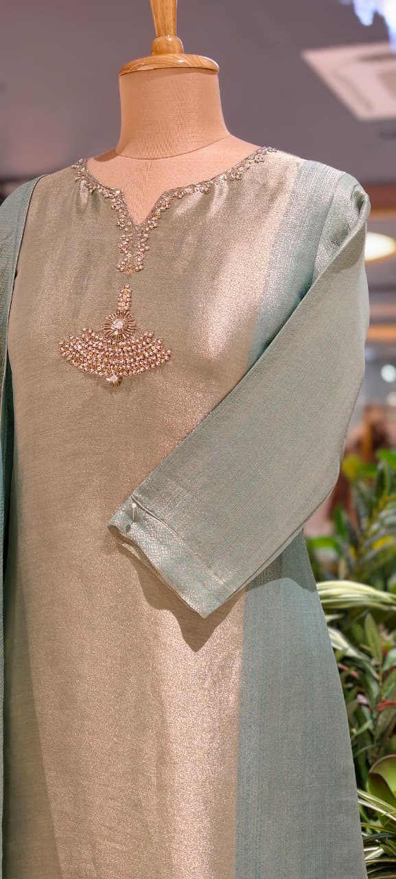 Premium Zebra Tissue Kundan Look Front Work Pastel Tone Full Suit Set With Dupatta- 15702