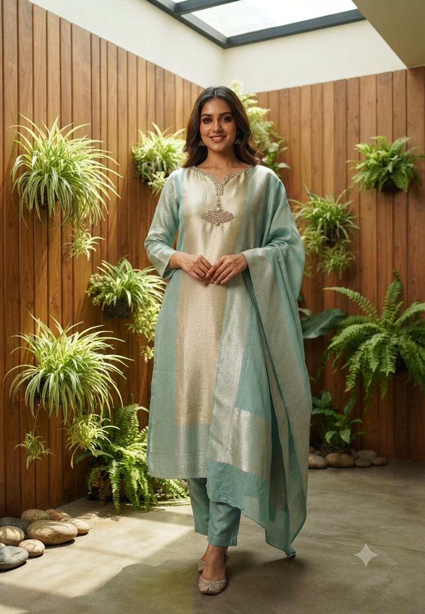 Premium Zebra Tissue Kundan Look Front Work Pastel Tone Full Suit Set With Dupatta- 15702