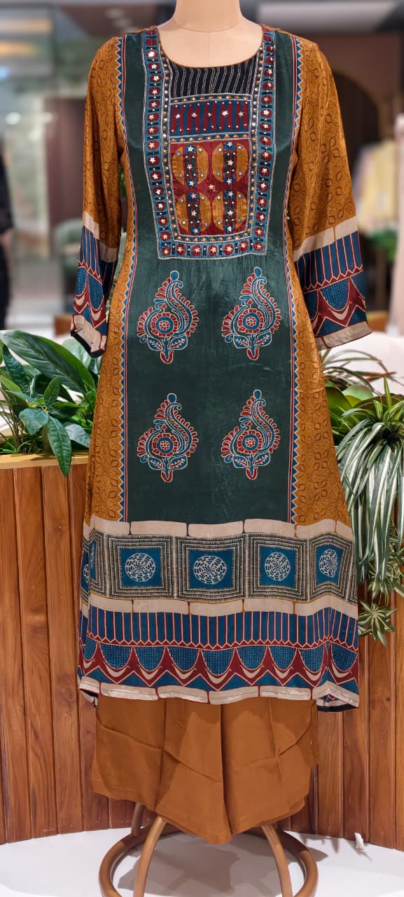 Butter Shine Crepe Fabric Abstract Ajrakh Print A-Line Full Suit Set With Dupatta- 15624