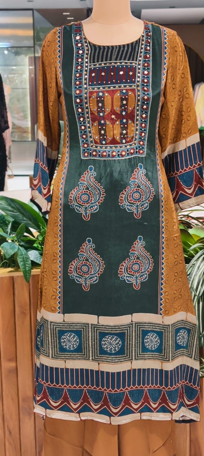 Butter Shine Crepe Fabric Abstract Ajrakh Print A-Line Full Suit Set With Dupatta- 15624
