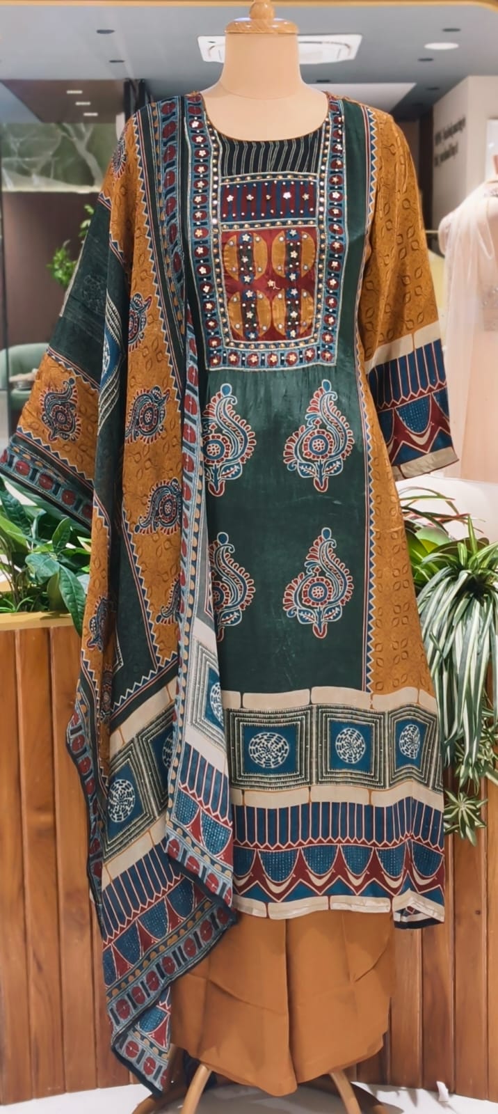 Butter Shine Crepe Fabric Abstract Ajrakh Print A-Line Full Suit Set With Dupatta- 15624