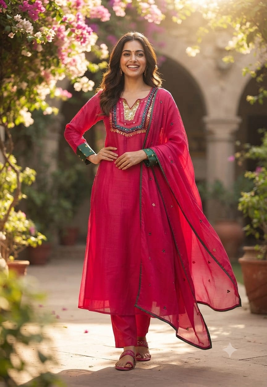 Contrasting Accents Embroidered A-Line Full Suit Set with Sequin-Work Yoke & Dupatta In Banarasi Mul Chanderi Fabric- 15704