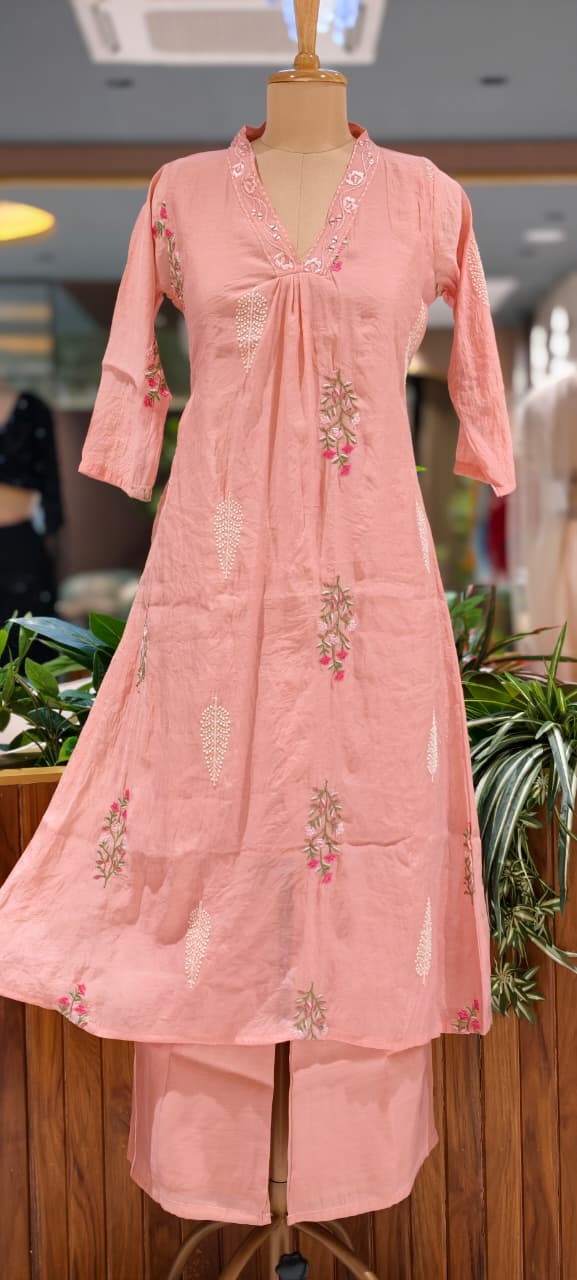 Fine Intricate Floral Embroidery Real Mirror Touch Pastel Shades Surat Mul-Chanderi A-Line Full Suit Set With Dupatta- 15679