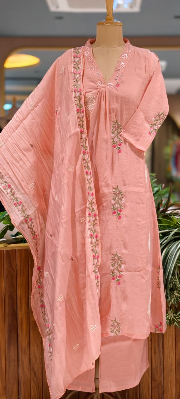 Fine Intricate Floral Embroidery Real Mirror Touch Pastel Shades Surat Mul-Chanderi A-Line Full Suit Set With Dupatta- 15679
