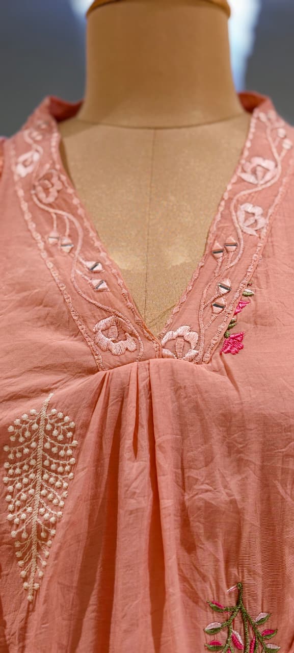 Fine Intricate Floral Embroidery Real Mirror Touch Pastel Shades Surat Mul-Chanderi A-Line Full Suit Set With Dupatta- 15679