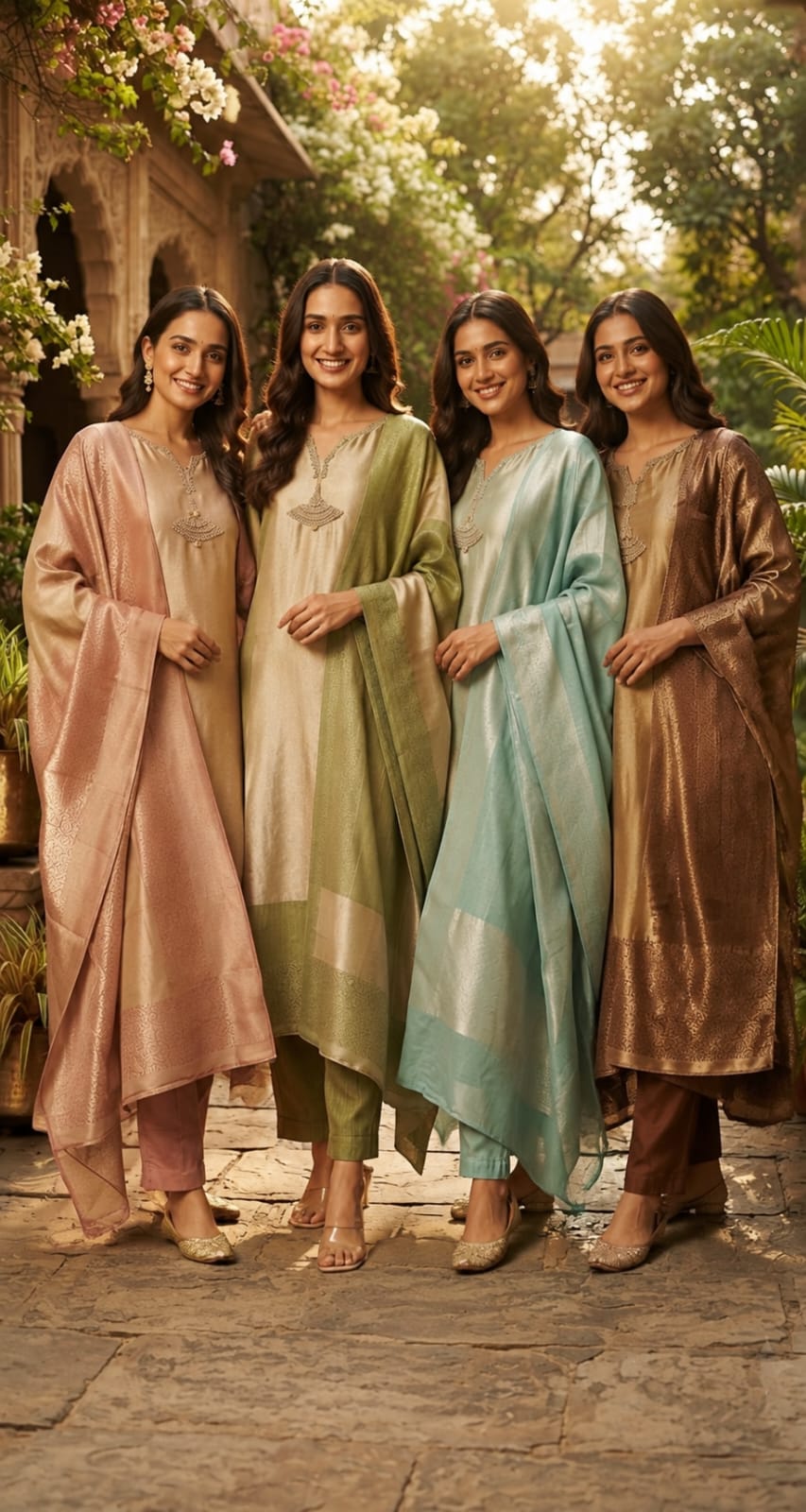 Premium Zebra Tissue Kundan Look Front Work Pastel Tone Full Suit Set With Dupatta- 15702