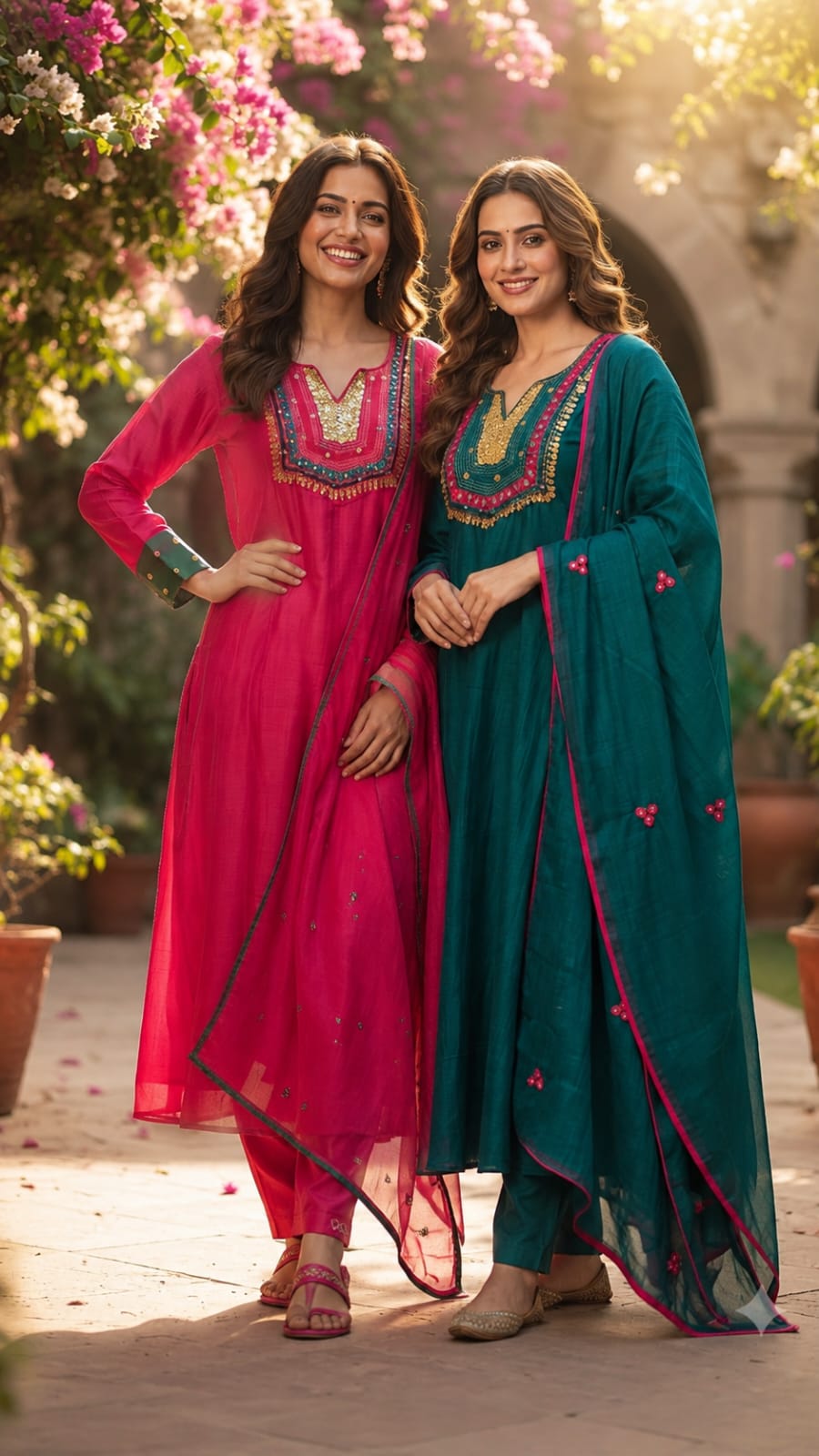 Contrasting Accents Embroidered A-Line Full Suit Set with Sequin-Work Yoke & Dupatta In Banarasi Mul Chanderi Fabric- 15704