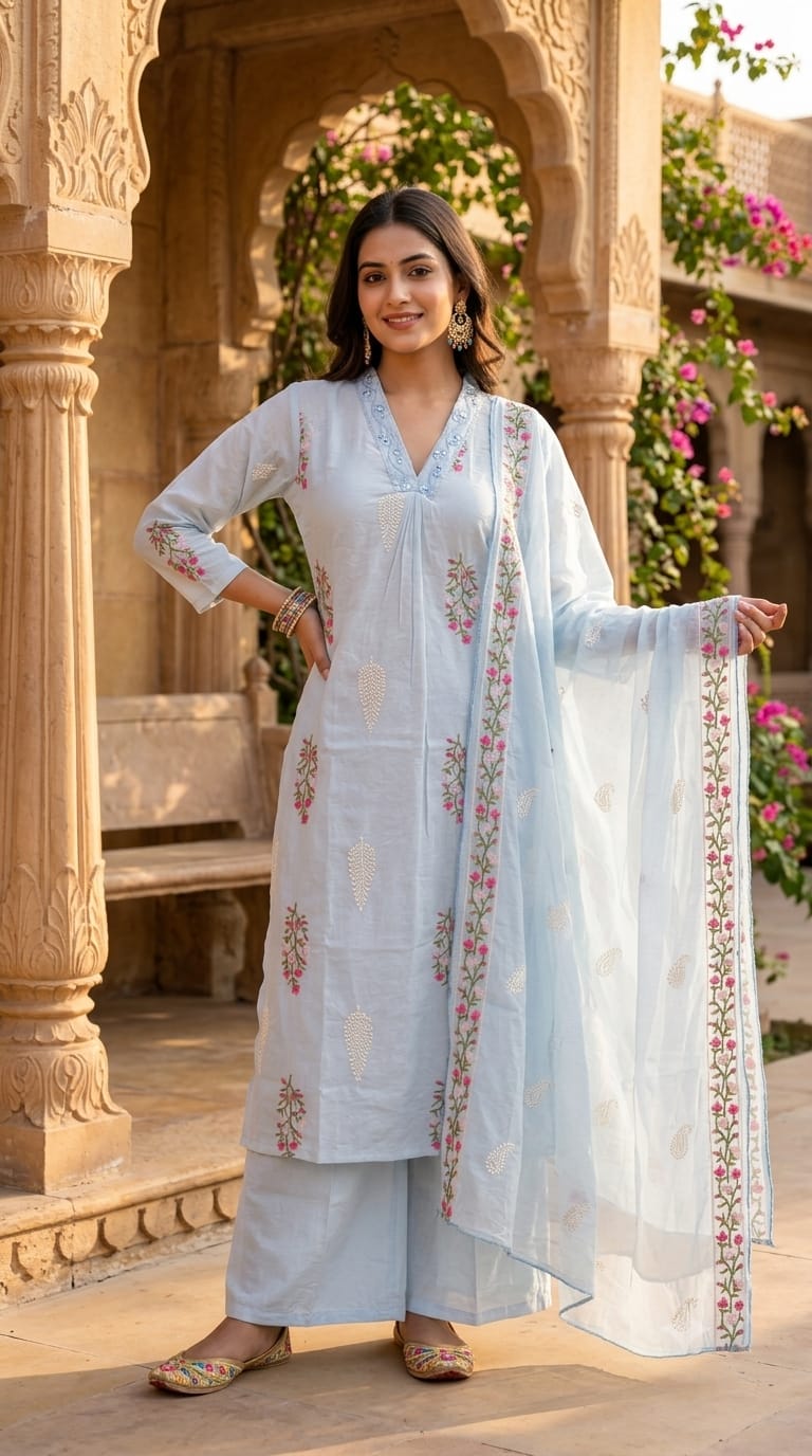 Fine Intricate Floral Embroidery Real Mirror Touch Pastel Shades Surat Mul-Chanderi A-Line Full Suit Set With Dupatta- 15679