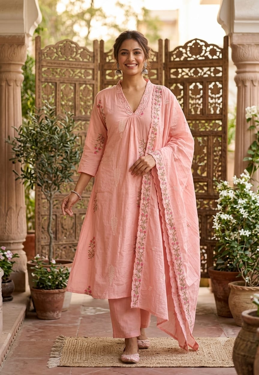 Fine Intricate Floral Embroidery Real Mirror Touch Pastel Shades Surat Mul-Chanderi A-Line Full Suit Set With Dupatta- 15679