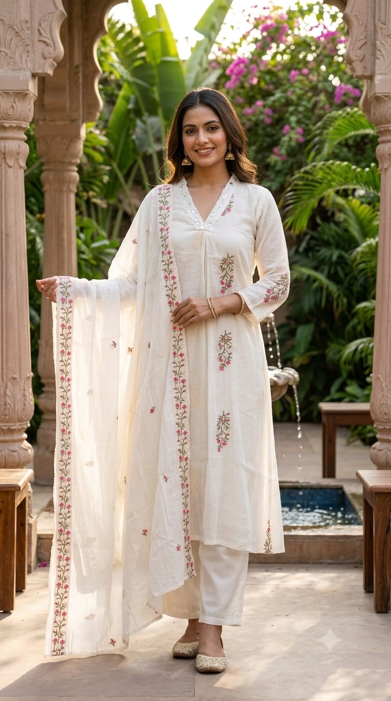 Fine Intricate Floral Embroidery Real Mirror Touch Pastel Shades Surat Mul-Chanderi A-Line Full Suit Set With Dupatta- 15679