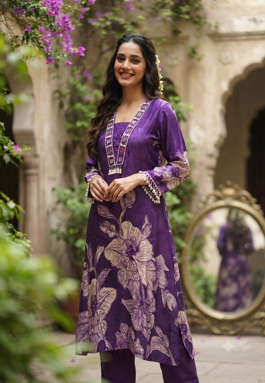 Flowy Gajji Silk Tassel Accent With Real Mirror & Kodi Detailing A-Line Kurta Pant Set- 15620
