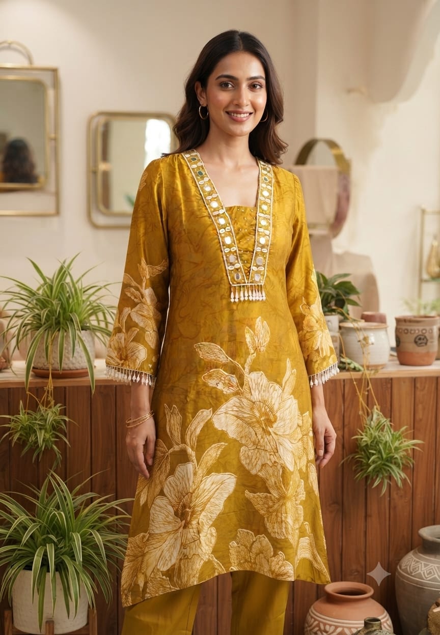 Flowy Gajji Silk Tassel Accent With Real Mirror & Kodi Detailing A-Line Kurta Pant Set- 15620
