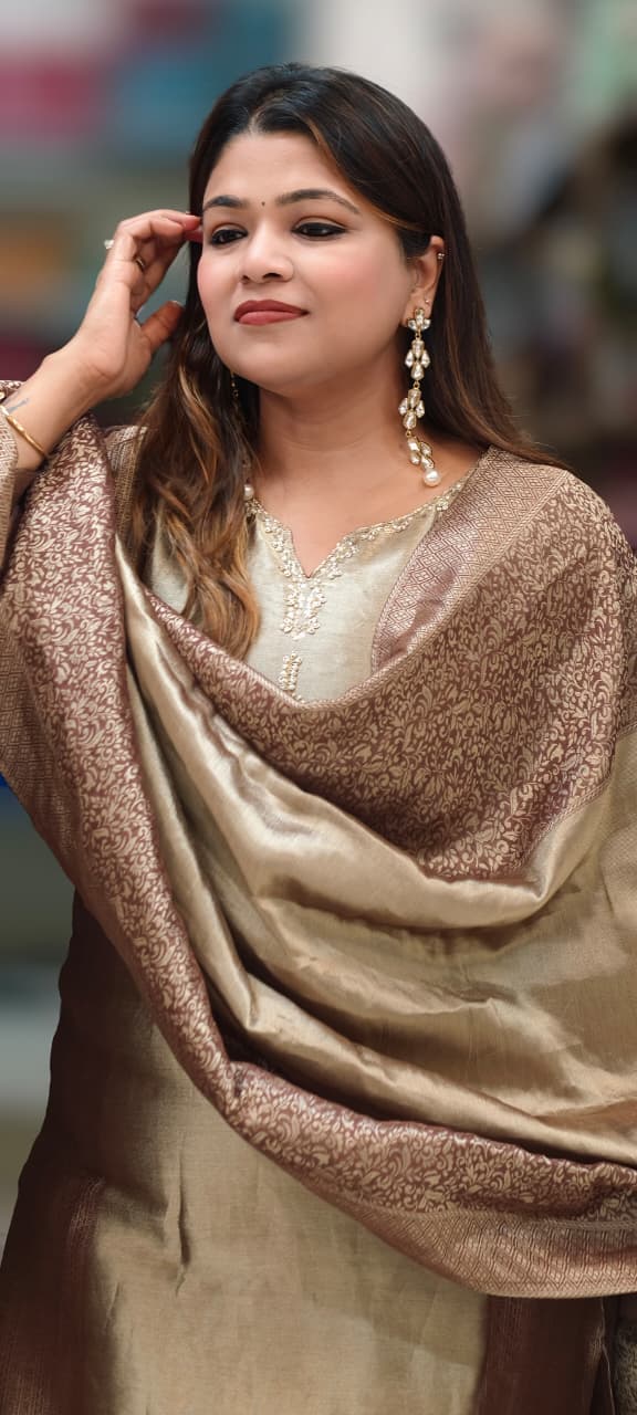 Premium Zebra Tissue Kundan Look Front Work Pastel Tone Full Suit Set With Dupatta- 15702