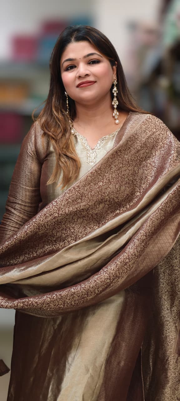 Premium Zebra Tissue Kundan Look Front Work Pastel Tone Full Suit Set With Dupatta- 15702